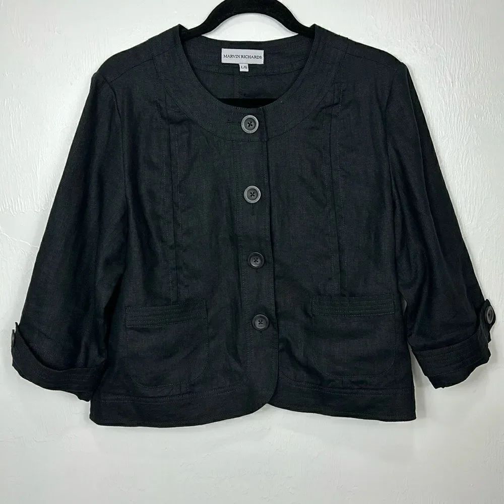 Marvin Richards Black Linen 3/4 Sleeve Button Front Jacket Size L